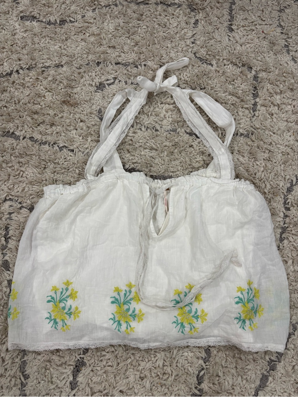 Free People White Halter Crop Top with Yellow & Green Floral Embroidery